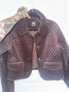 Zara Quilted Velvet Jacket in Chocolate Brown